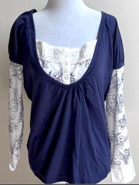 NWOT In Extenso Layered Faux 2-in-1 Top Navy White Floral Lace Size Large